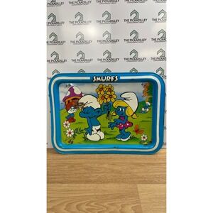 Vintage Smurfs Metal Folding Lap Tray Smurfette Peyo 1980s Retro TV Tray Blue